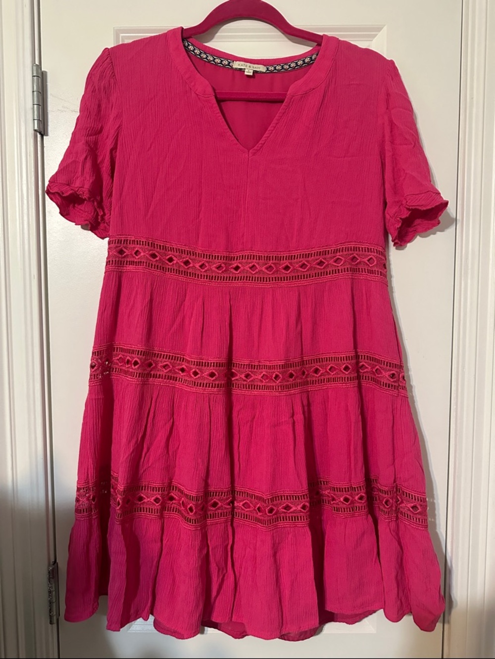 Kate & Sam Hot Pink Dress with Embroidered Neck Trim